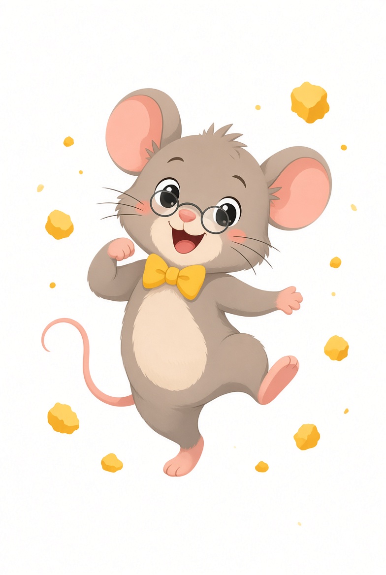 Pip dancing in a yellow bow tie with cheese crumbs flying
