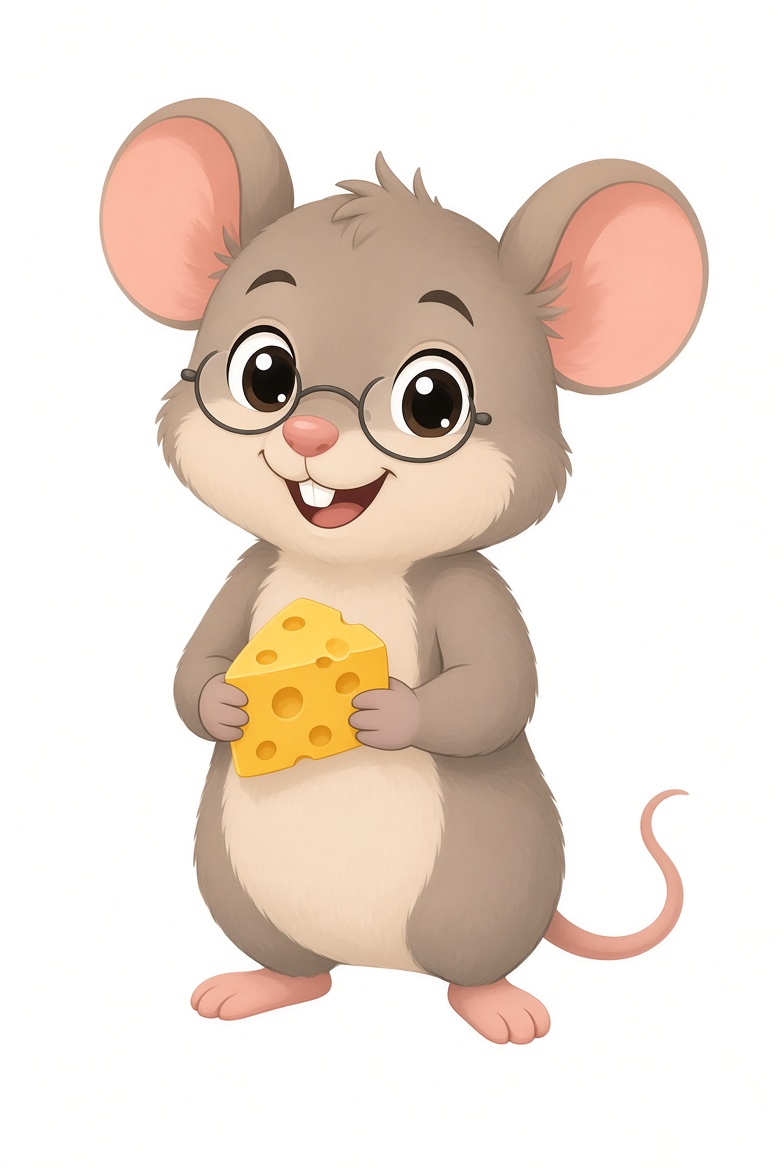 Pip the mouse smiling and holding a wedge of Swiss cheese